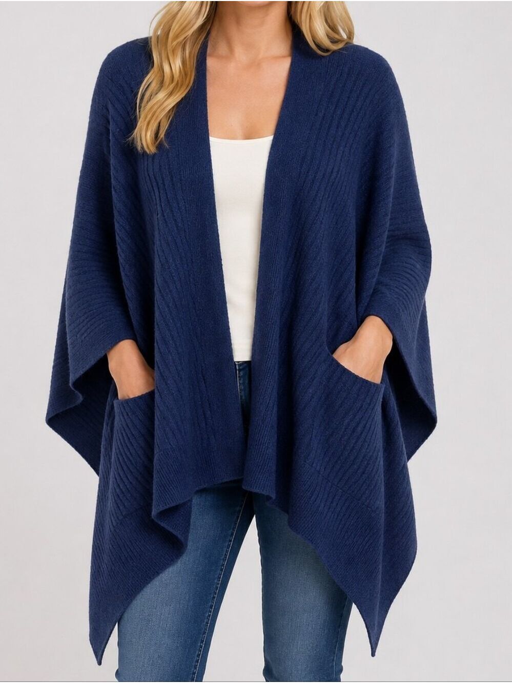 QVC Cashmere Ribbed Travel Wrap with Pockets – Navy Blue, Size OS